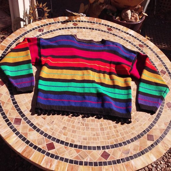 Vintage 80s V-neck Cardigan Ladies -S Pom Pom Fringe Bold Rainbow Striped Cotton - Picture 6 of 12